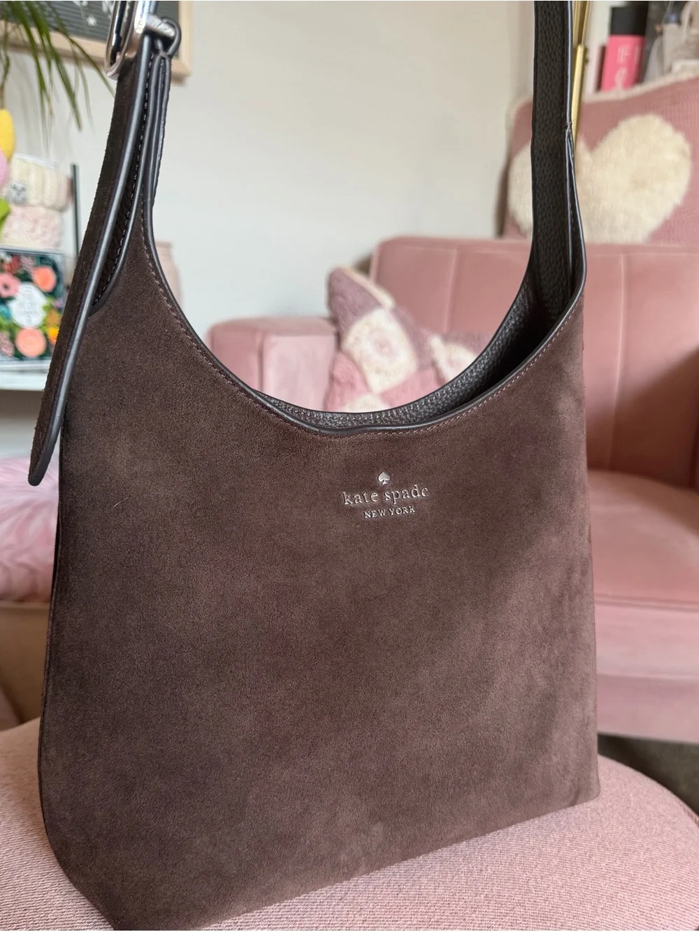 Kate Spade 454 Suede Small Shoulder Bag Hot Fudge KM472 Silver Hardware